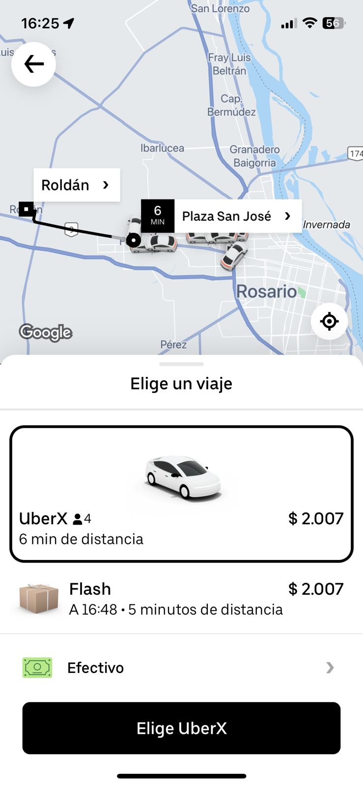 Simulación viaje en Uber desde el centro funense hasta el centro de Roldán.