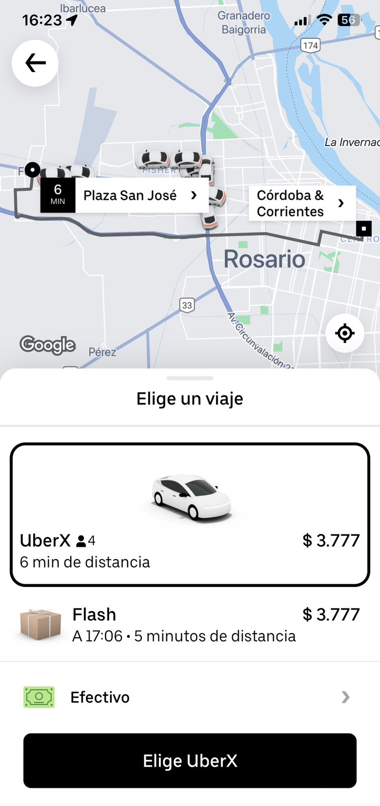 Simulación viaje Uber desde el centro de Funes al microcentro de Rosario.