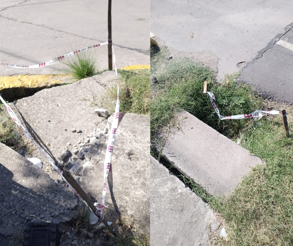 Peligro en el centro de Funes: un desagüe destrozado hace años provoca caídas de autos y peatones